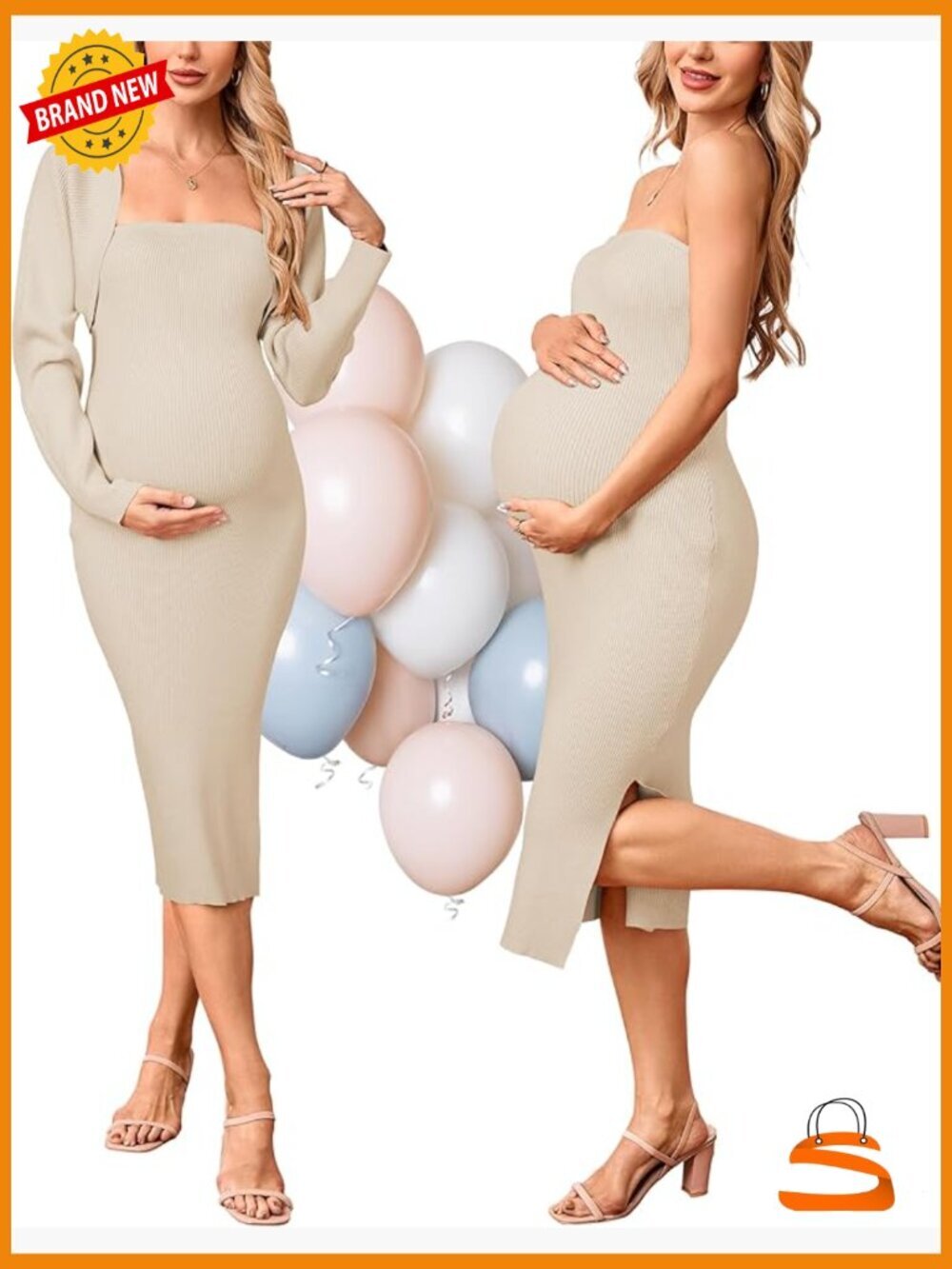 Maternity Baby Shower Dress 2 Piece Set Bodycon Midi with Cardigan Long Sleeve